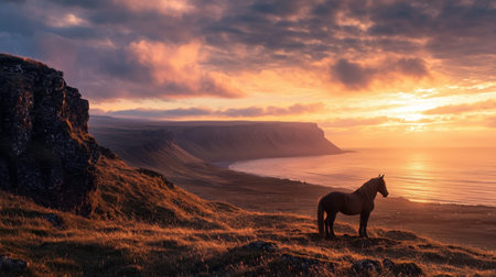 A solitary horse is positioned on a grassy knoll, gazing out over a serene ocean under a vibrant sunset. The cliffs rise majestically in the distance, creating a picturesque view.の素材