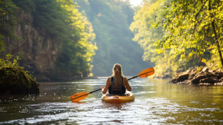 A person paddles a bright kayak along a serene river, flanked by tall trees and dappled sunlight. The peaceful setting invites exploration and adventure on a warm day.の素材