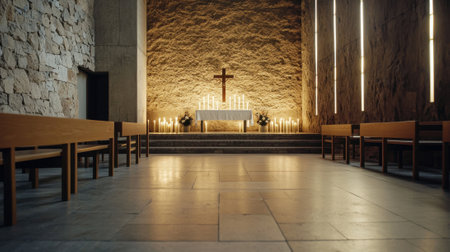 A tranquil chapel features simple wooden benches arranged in front of an altar. Candles glow gently, casting a warm light on the stone walls, creating a peaceful atmosphere.の素材