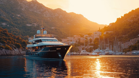 A stunning yacht approaches a serene coastline, illuminated by a warm sunset. The tranquil waters reflect the vibrant colors of the sky, while nearby boats and hills frame the scene.の素材