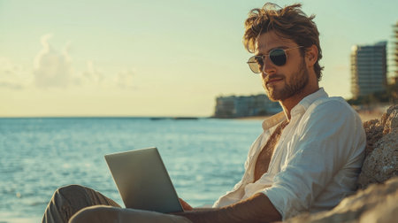 A man is sitting on a rock by the ocean with a laptop in front of him. He is wearing sunglasses and a white shirt. Concept of relaxation and leisureの素材
