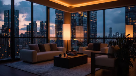 Soft lighting illuminates a stylish living room featuring large windows showcasing a vibrant city skyline at sunset. The cozy space invites relaxation and admiration of the view.の素材