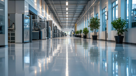 A spacious industrial features facility rows of workstations with machines, large windows allowing natural light, and potted plants lining the floor, creating a bright atmosphere.の素材