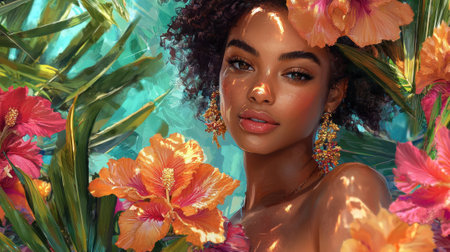 A young woman with curly hair poses gracefully among colorful tropical flowers. Sunlight filters through leaves, creating a warm and inviting atmosphere that highlights her natural beauty.の素材