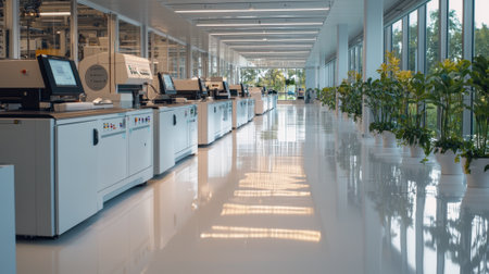 The interior of a manufacturing facility sleek machinery along a pristine hallway. Natural light floods the space, highlighting the modern design and vibrant greenery.の素材