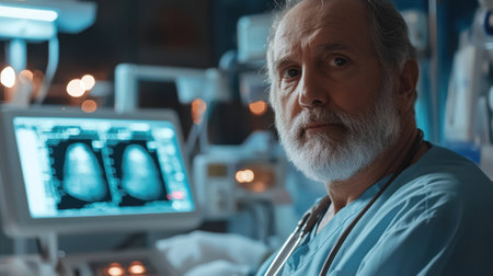 An experienced doctor with a beard assesses brain scans displayed on a monitor in a quiet hospital room during nighttime. The ambiance is calm, highlighting his focused expression.の素材