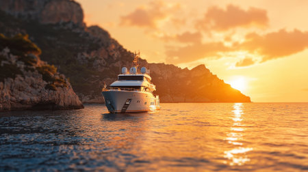 A luxurious yacht is anchored peacefully near a rugged coastline as the sun sets, casting warm orange and pink hues across the water and creating a serene atmosphere.の素材