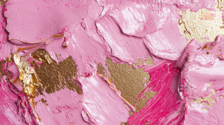 Bold strokes of pink and gold paint create an abstract texture, highlighting an artist's skill in blending colors and textures. This vibrant piece invites close examination.の素材