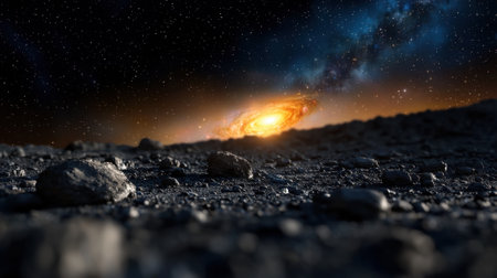 Rocky landscape fills the foreground as a bright, swirling galaxy illuminates the horizon. Stars twinkle against the dark backdrop, creating a magnificent cosmic view.の素材