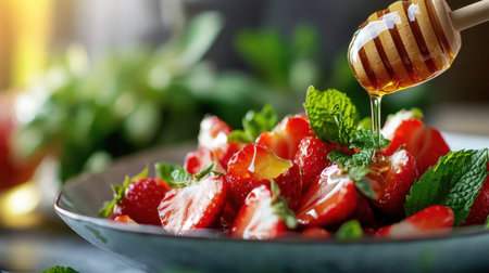 A bowl filled with vibrant red strawberries is being drizzled with golden honey. Fresh mint leaves add a touch of greenery, all presented in a lively kitchen atmosphere.の素材