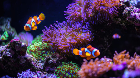 Clownfish gracefully navigate through a colorful coral reef filled with anemones, showcasing a lively underwater scene illuminated by natural light.の素材