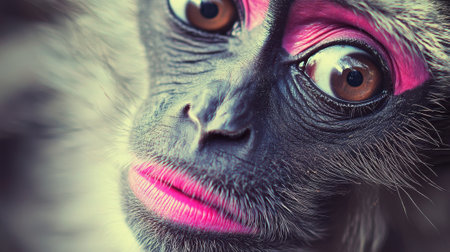 A striking monkey gazes directly at the viewer with expressive eyes and vivid pink markings around its face. The setting highlights a natural habitat filled with soft lighting.の素材