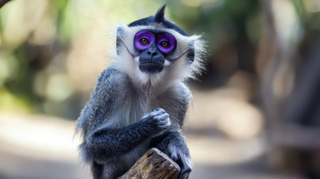 A striking monkey with vibrant purple eyes sits gracefully on a branch, surrounded by greenery in its natural habitat under bright daylight, showing its unique features.の素材