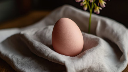 A pink egg is carefully placed on a crumpled linen cloth. Soft lighting accentuates its smooth surface, while small flowers add a touch of color in the background, creating a serene atmosphere.の素材