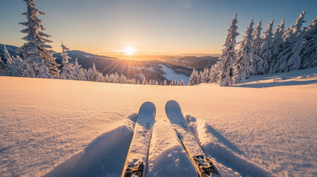 Skis rest on a snowy slope as the sun sets over a mountain range. The tranquil winter scene features frosted trees and a serene atmosphere, perfect for skiing enthusiasts.の素材