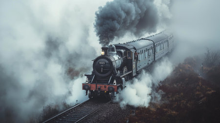 A classic steam train chugs along a rural track, surrounded by billowing fog on a cool morning. The vintage design evokes nostalgia as smoke rises from the engine.の素材