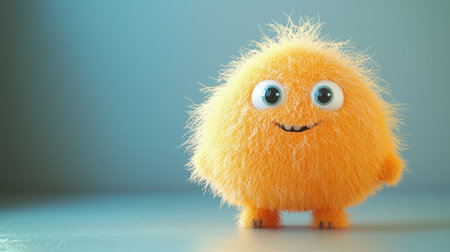 A cheerful orange fluffy creature with wide eyes and a big smile stands on a table, illuminated by soft light. Its vibrant color contrasts harmoniously with the blue background.の素材