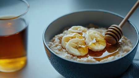 Warm oatmeal sits in a textured bowl, topped with fresh banana slices and drizzled with honey. A glass of amber liquid accompanies this inviting breakfast setup.の素材