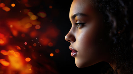 A young girl with curly hair appears deep in thought as she looks to the side, illuminated by a warm, glowing backdrop. Tiny sparks dance in the air, creating a serene atmosphere.の素材