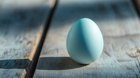 A blue egg sits alone on a weathered wooden surface bathed in soft afternoon light, highlighting its smooth texture and gentle contours. The scene evokes a tranquil, serene atmosphere.の素材