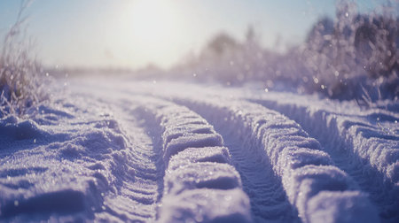 Tire tracks are visible on a snow-covered path as the sun rises, casting a warm glow over the winter landscape. The scene captures the serene beauty of nature.の素材
