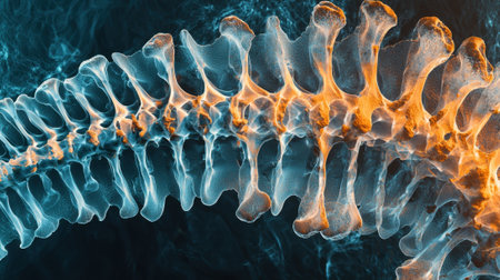 The structure of the human spine is displayed with highlighted vertebrae showing intricate details. The blue and orange lighting emphasizes the anatomy in a scientific context.の素材