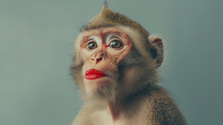 A monkey featuring striking red lips looks directly at the viewer, showing its curious expression. The background is simple, drawing attention to the animal's unique appearance.の素材