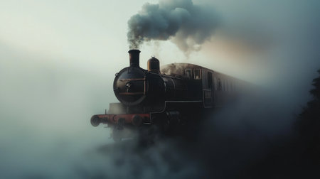 A vintage steam locomotive chugs through a dense fog, billowing smoke as it approaches a quiet countryside station during early morning light. The atmosphere feels nostalgic and serene.の素材