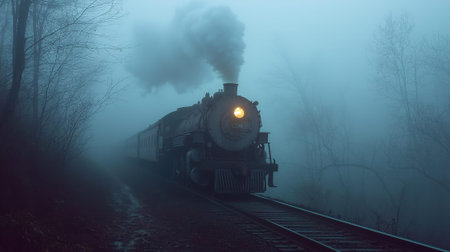 Steam rises into the foggy air as a vintage train moves slowly along secluded tracks. The early morning light casts an ethereal glow over the scene, enhancing the mysterious atmosphere.の素材