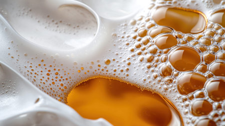 A frothy drink with golden liquid and bubbles fills the frame, showing the texture and effervescence that enhances the overall refreshing experience.の素材