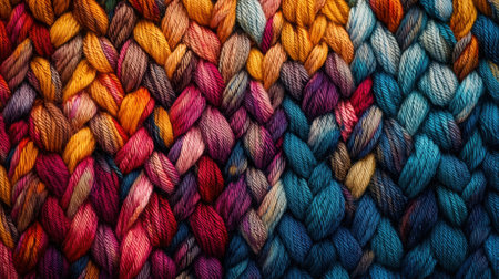 A close-up of a beautifully woven textile reveals a stunning array of colorful yarns forming intricate patterns. The vibrant hues create a warm and inviting atmosphere.の素材