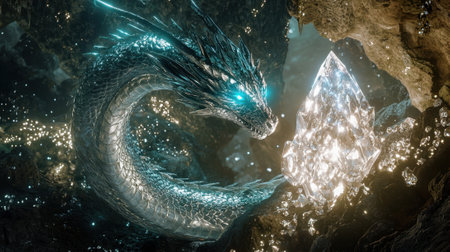 Enormous dragon with shimmering scales gazes at a large crystal in a dazzling underground cavern filled with radiant gems, creating an enchanting atmosphere.の素材