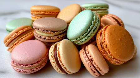 A delightful assortment of macarons featuring pastel colors and different flavors is arranged artistically on a smooth marble surface. These sweet treats invite indulgence.の素材