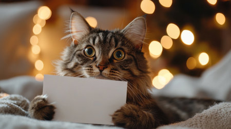 A fluffy cat sits comfortably, gripping a blank card in its paws. The warm ambiance is created by soft bokeh lights shimmering in the background, enhancing the cozy atmosphere of the evening.の素材