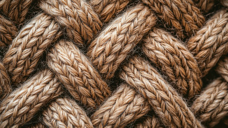 Close-up of braided natural fibers showing intricate weaving patterns. The warm tones and textures highlight the craftsmanship, perfect for design inspiration.の素材