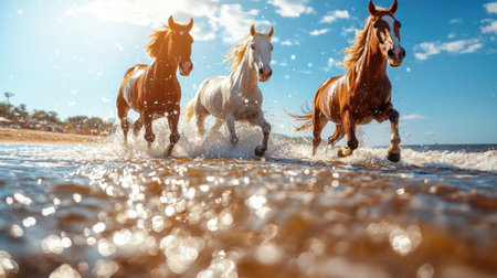 Three horses run joyfully through the water at the beach, creating splashes as they move swiftly. The sun shines brightly, highlighting their sleek coats against the blue sky.の素材