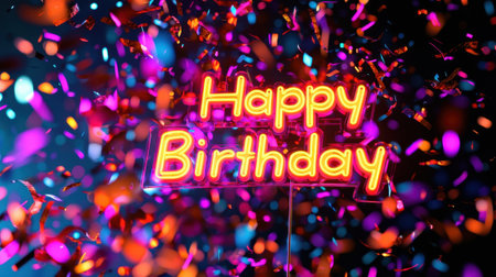 A glowing neon Happy Birthday sign radiates in a festive atmosphere filled with colorful confetti. The setting conveys a joyful celebration, ideal for marking a special occasion.の素材