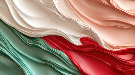 Flowing fabric showcases the Italian flag's colors of green, white, and red, symbolizing national pride and heritage in a dynamic, artistic manner.の素材