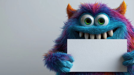 A friendly blue monster with colorful fur and large eyes smiles while holding a blank sign. The simple light background enhances the cheerful appearance of the character.の素材