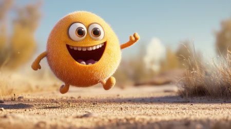 A round, furry orange character with large eyes and a big smile is happily running along a sandy path in a bright desert setting under clear blue skies.の素材