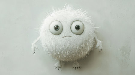 A small, round, fluffy character with large, expressive eyes and tiny claws appears curious and slightly apprehensive while standing on a light surface, capturing attention with its adorable features.の素材