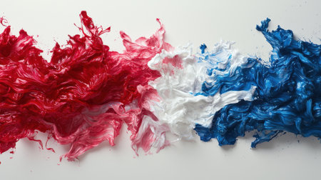 Bright red, white, and blue paint blend together in dynamic swirls, showing an energetic and abstract composition on a flat surface. The playful colors evoke a sense of creativity.の素材