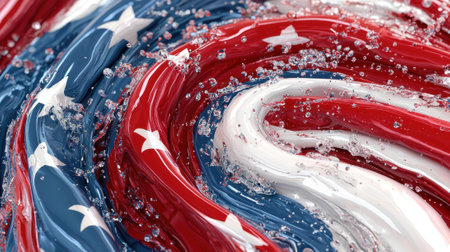 Vibrant swirls of red, white, and blue create a dynamic water effect reminiscent of the American flag, showing a beautiful intricate design. The movement suggests energy and patriotism.の素材