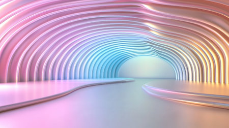 A vibrant and curved tunnel features smooth, wavy walls illuminated with colorful lights.の素材