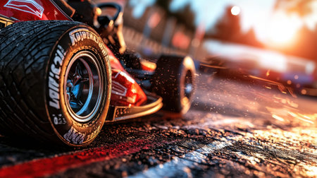 A race car accelerates on a wet track during sunset, creating water splashes and leaving tire marks. The vibrant colors enhance the fast-paced atmosphere of motorsport.の素材