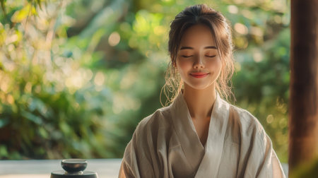 A young woman sits peacefully in a lush garden, enjoying the tranquility of nature.の素材