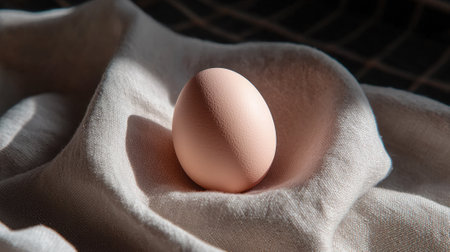 A delicate egg is positioned on a soft, textured cloth, illuminated by soft morning light, casting gentle shadows that enhance its smooth surface.の素材