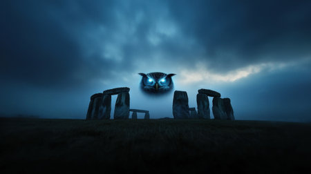 A large owl with striking blue eyes floats above the ancient stone structure of Stonehenge during twilight. Dark clouds create a dramatic backdrop, enhancing the mystical ambiance.の素材