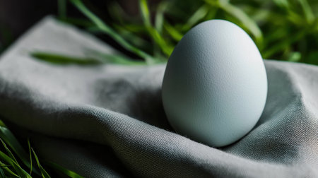 A soft blue egg is gently placed on a textured gray cloth, surrounded by lush green grass, creating a calming and natural atmosphere ideal for spring.の素材