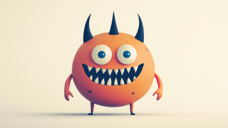 A playful orange monster with big eyes and pointy ears stands cheerfully. Its sharp teeth and round body give it a whimsical, cartoonish appearance, set against a simple backdrop.の素材